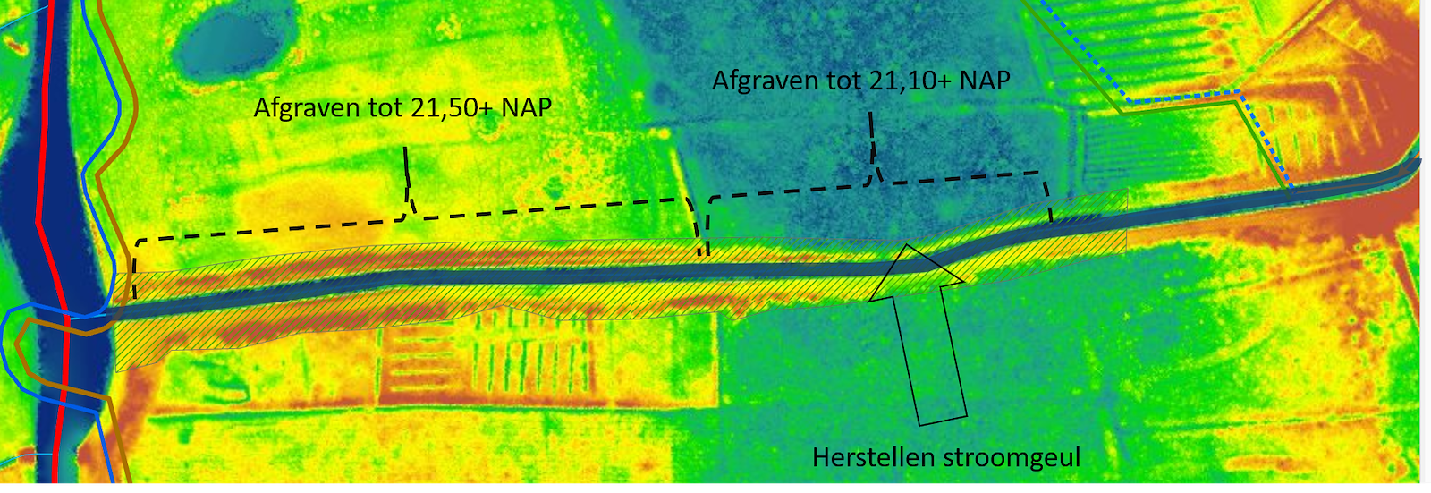 Weergave van de onnatuurlijke hoogte langs de huidige watergang BZ40.